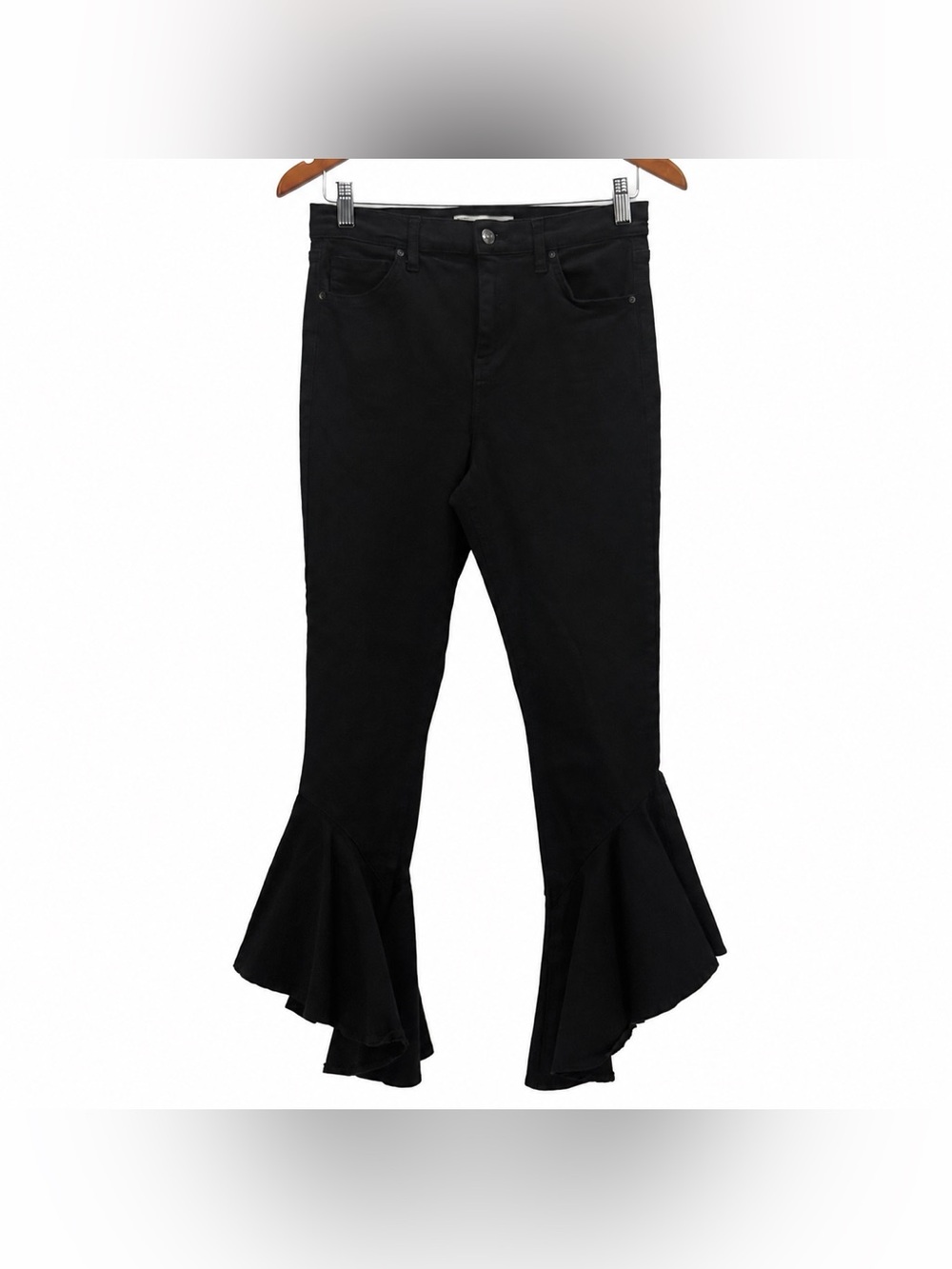 Topshop Moto Jamie Black Ruffle Hem Flare Jeans Stretch Denim Statement Pants - Picture 3 of 8